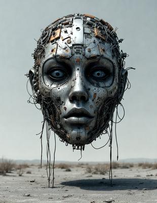 The primary subject of the image is a close-up of a face with a mechanical or robotic appearance. The face is surrounded by a variety of wires and metal parts, giving it a futuristic and intricate look. The setting appears to be a desert-like environment, with a sandy surface visible in the background. The visual style of the image is a combination of digital art and illustration, creating a unique and captivating scene. The colors and mood of the image are predominantly dark and mysterious,